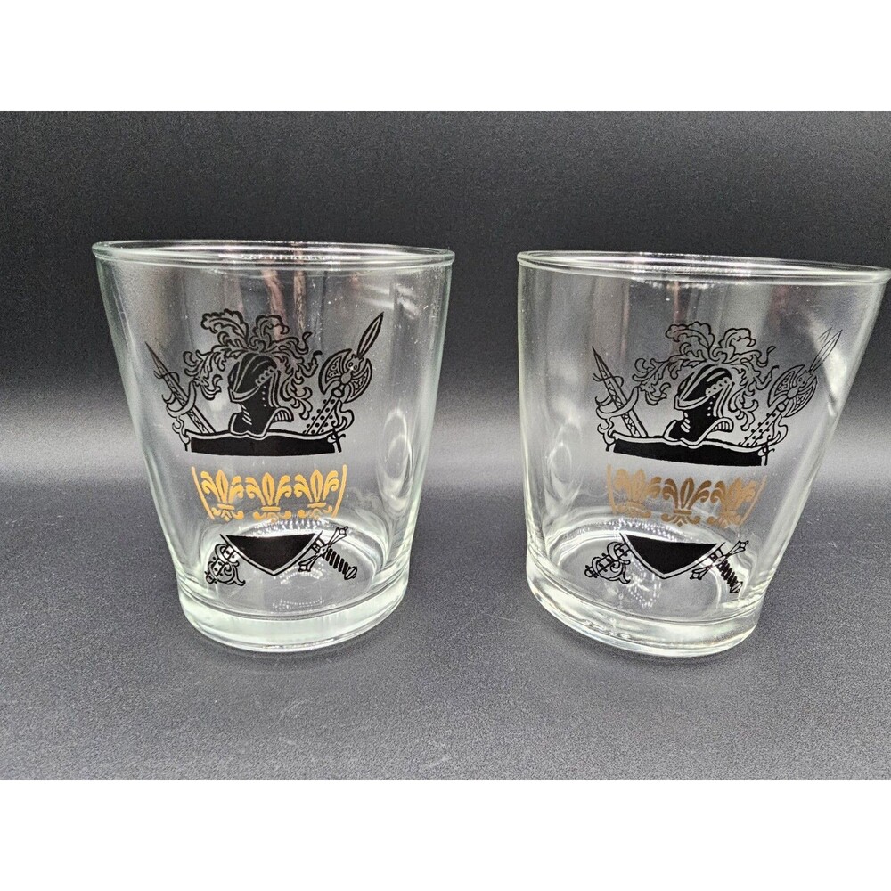 2 Knight's Crest Scotch Glasses Bar Tumblers Gold Fleur De Lis Rocks Cocktail